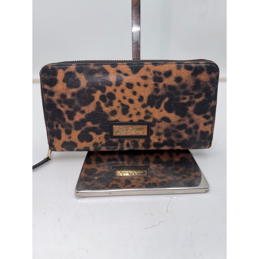 Sam Edelman Leopard Print Zip Around Wallet Tan Black Gold Logo Accessory